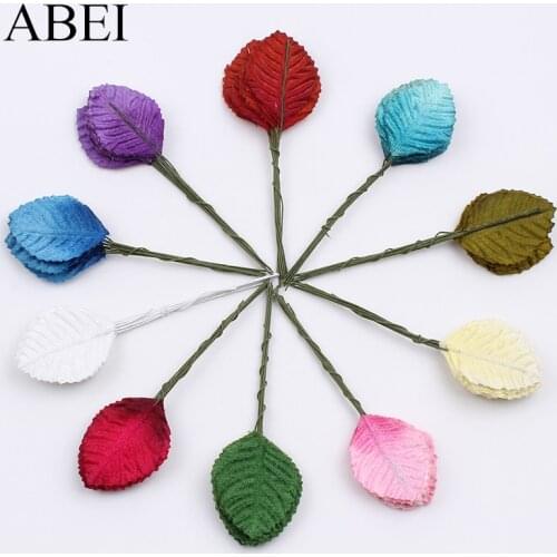 50pcs/lot Quality Velvet Leaf W/Wire Stem Artificial Flower Leaves Bouquet For Wedding Party Decoration DIY Wreath Garland