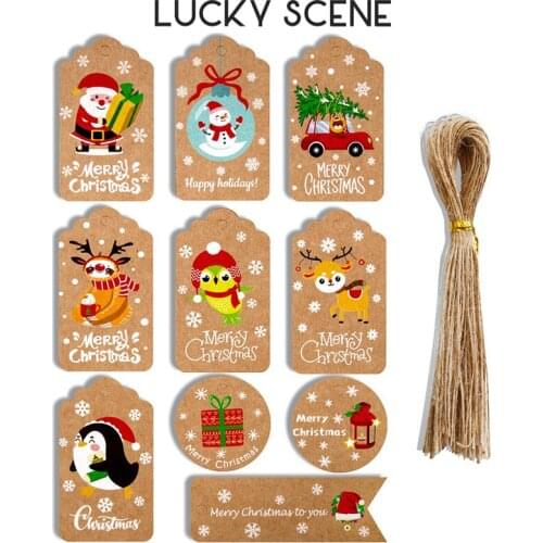50Pcs Christmas Cartoon Kraft Paper Tags Xmas Santa Claus Tree Cartoon Pattern Cards Vintage Crafts Christmas Decor KJG003