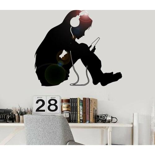 Large Teen Girl Enjoy The Music Wall Sticker Kids Room Playroom Headphones Pop Rock Jazz Wall Decal Bedroom Vinyl Decor