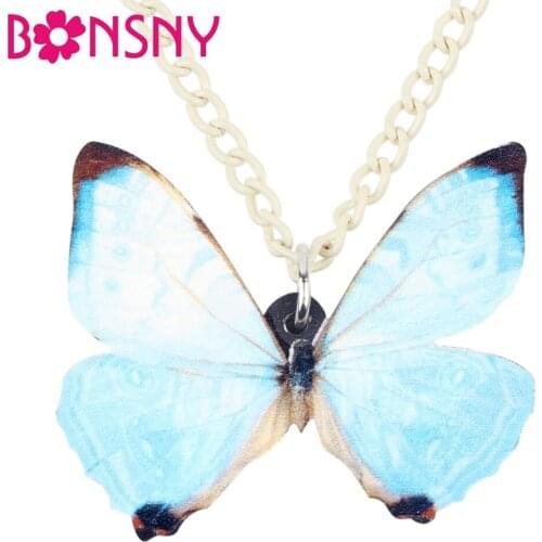 Bonsny Acrylic Light Blue Butterfly Necklace Pendant Long Chain Collar New Fashion Insect Jewelry For Women Girls Accessories