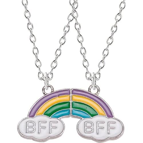 2 Piece Set Of Best Friend Necklace Cute Cartoon Dripping Oil Rainbow Bff Pendant Choker For A Friend Birthday Gift Jewelry
