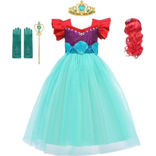 Girls Little Mermaid Ariel Princess Dress Cosplay Costume Kids for Girl Fancy Green Dress Mermaid Halloween Birthday Party Dress