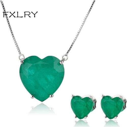 FXLRY Fashion Heart Shape Green Blue Fusion Stone Love Heart Pendant Necklace&Stud Earrings Jewelry Set For Women