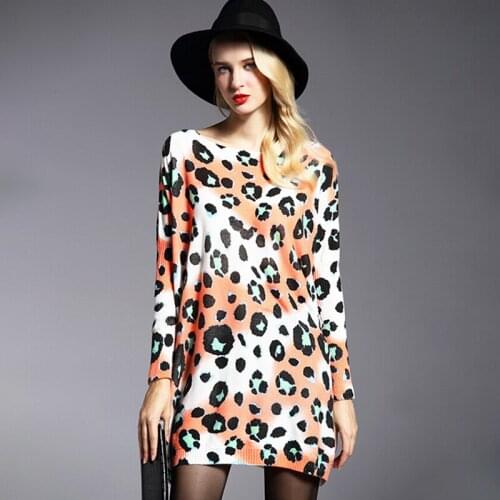 Fashion Womens Knitting Dress Oversized Knit Shirt Wool Pullovers Casual Long Sleeves Leopard Printed Plus Size Sweaters 6119