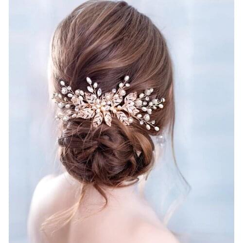 Trendy Leaf Pearl Rose Gold Wedding Hair Combs Tiara Bridal Headpiece Women Head Decorative Jewelry Wedding Hair Accessories