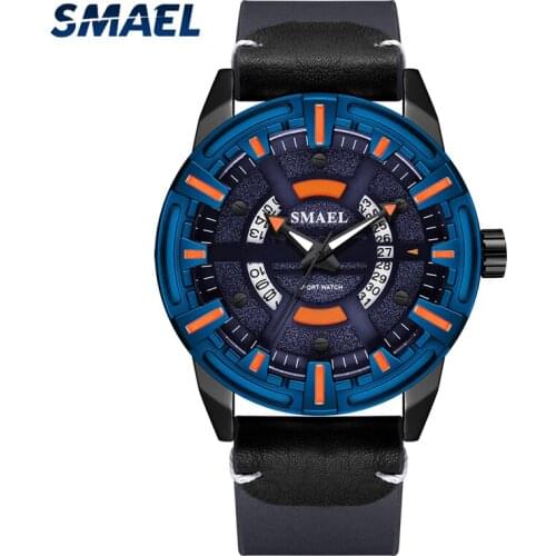 SMAEL Top Luxury Brand Mens Watches Blue Leather Quartz Sport Watch Men Calendar Fashion Military Wristwatches Male Analog Clock