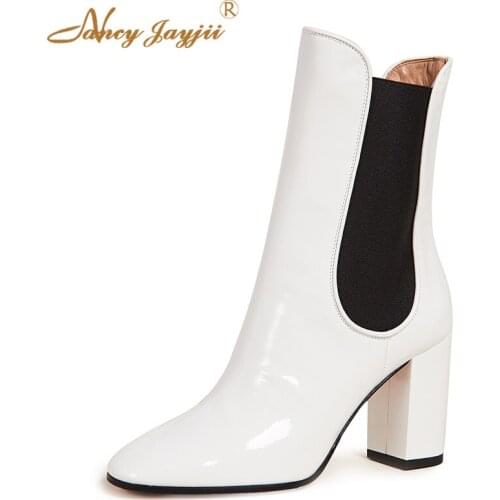 Ankle Boots Chelsea White 2019 Spring Elastic Band Pointed Toe Square Heel Ladies Short Plush Solid Shoes Woman Work