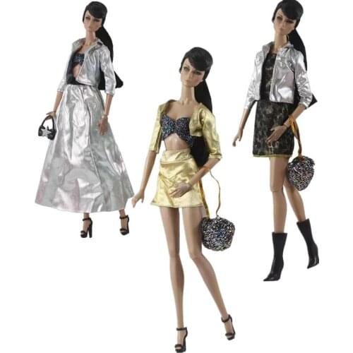 1/6 BJD Doll Clothes Fashion Metallic Silver Gold Outfits for Barbie Clothes Set Handbag Vest Coat Skirt Dresses Accessories Toy