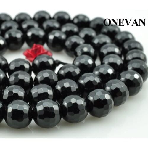 ONEVAN Natural Black Agate Faceted Round Beads Loose Smooth Stone Bracelet Necklace Jewelry Making Accessories Diy Gift Design