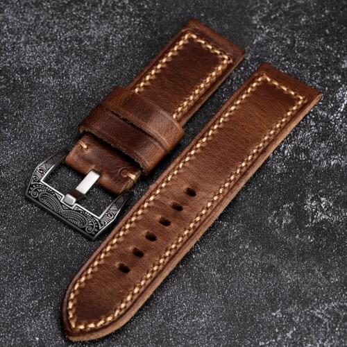 Carved Buckle Watchband Suitable For PAM111 441 20 22 24MM Vegetable Tanned Leather Double-Folding Strap Hand-Made Oily Strap