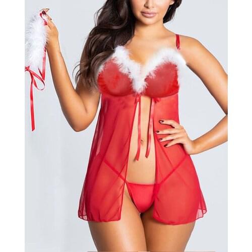 Christmas Women Erotic Dress G-string Thongs Two Piece Sets Sexy Mesh Transparent Underwear Lingerie Costumes Babydoll Sleepwear