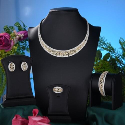Blachette Jewelry Luxury African Cubic Zirconia Dubai Indian Necklace Earring Bracelet Ring 4PCS Parure Bijoux Femme Noble Gift