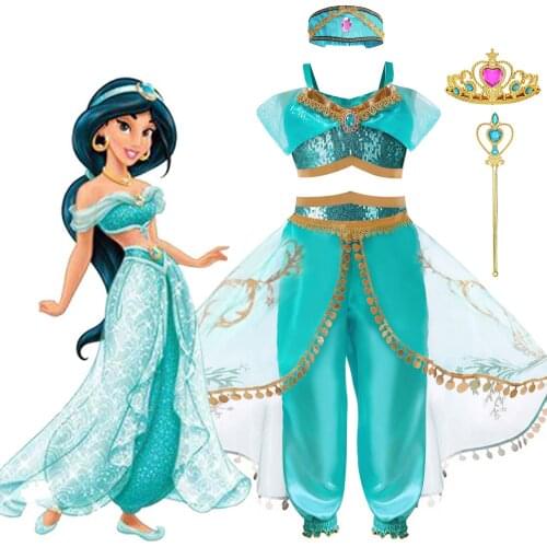 Girls Jasmine Dress Up 3 Pcs Set Kids Sequined Flower Printed Arabian Princess Costume Children Halloween Birthday Party Clothes