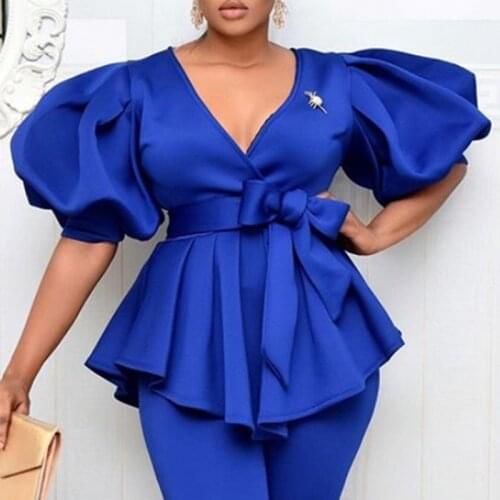 Women Blouses V Neck Short Lantern Sleeve with Sashes Peplum Ruffles Plus Size XXL Elegant Office Lady Work Shirt Female Blusas