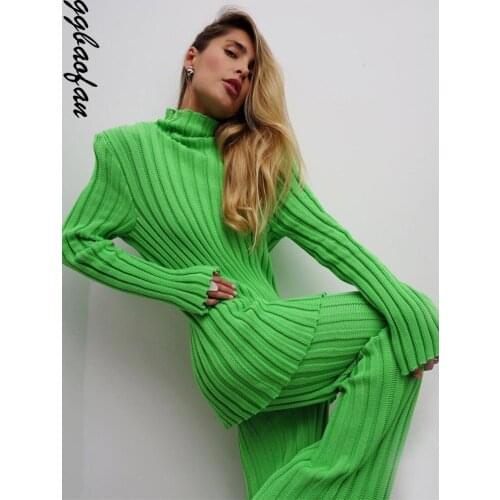 Ggbaofan Turtleneck Sweater 2 Piece Sets Long Sleeve Casual Fashion Outfits Women Sets Ribbed Knitted Trousers Winter 2021