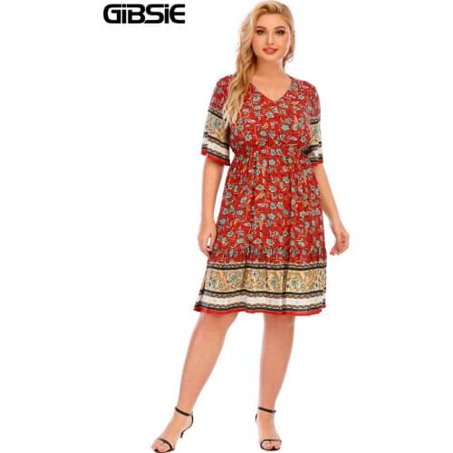 GIBSIE Floral Print Beach A-Line Dress Plus Size V-Neck Short Sleeve Midi Dresses 5XL 4XL 3XL Women Casual Summer Dress 2021