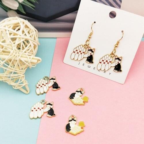 10pcs Bowling Cat Reading Cats Alloy Enamel Charms Drop Oil Cartoon Animal Pendants Floating DIY Earring Jewelry Accessory FX200