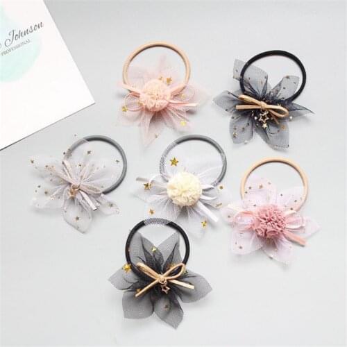 15pcs/lot Fashion Kids Elastic Hair Ties Bands Elegant Lace Flowers Hair Rope For Children Fine Ribbon Bow Hair Accessories