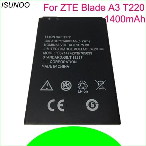 ISUNOO 3.7V 1400mAh LI3714T42P3H765039 battery for ZTE Blade A3 T220 AF3 T221 A5 AF5 Phone Battery
