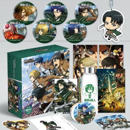 Anime Attack On Titan Lucky Gift Box Eren, Mikasa Figure Water Cup Postcard Poster Bookmark Cosplay Toy