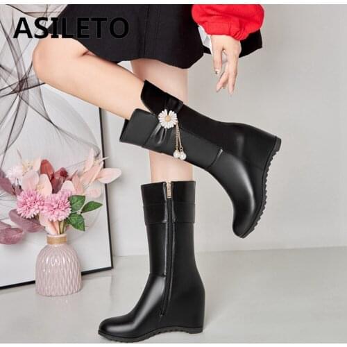 ASILETO Sweet Bowtie Mid-calf Women Boots Winter Hidden Wedge Boots Fashion Casual Shoes Woman Tassel Pearl Solid Zipper S2394