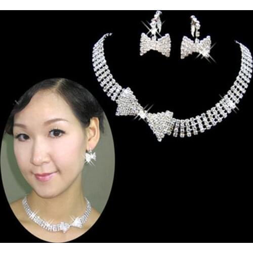 Shiny Rhinestone Bowknot Clip/Stud Earrings Necklace Bridal Wedding Jewelry Set Inlaid Clip Earrings Fashion Stud Earrings girls