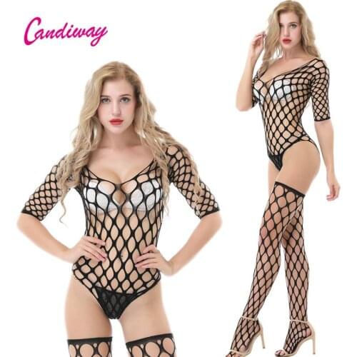 Plus size fishnet bodystockings fantasy sexy lingerie erotic Teddy Corset bodysuits for women sleeve mesh tights appeal