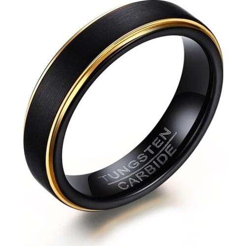POYA 5mm Black Tungsten Ring Mens Womens Wedding Band with Frosted Gold Edges Comfort Fit