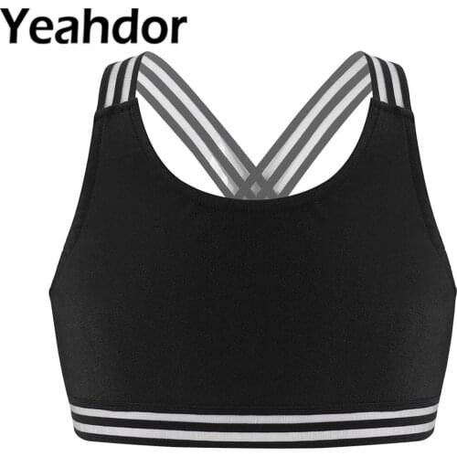 Kids Girls Dance Sport Crop Tops Tanks U Neck Cross Straps Open Back Crop Sport Vest for Running Gym Yoga Workout Fitness