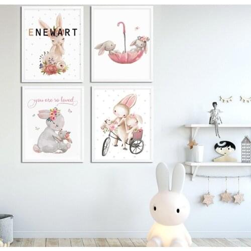 Children Poster Kawaii Watercolor Rabbit Baby Nursery Wall Art Canvas Print Painting Decorative Picture Nordic Girl Room Decor