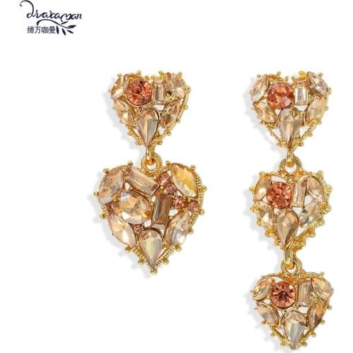 Dvacaman Champagne Crystal Statement Earrings Women Irregular Heart Long Pendant Drop Earrings Wholesale Jewelry Accessories