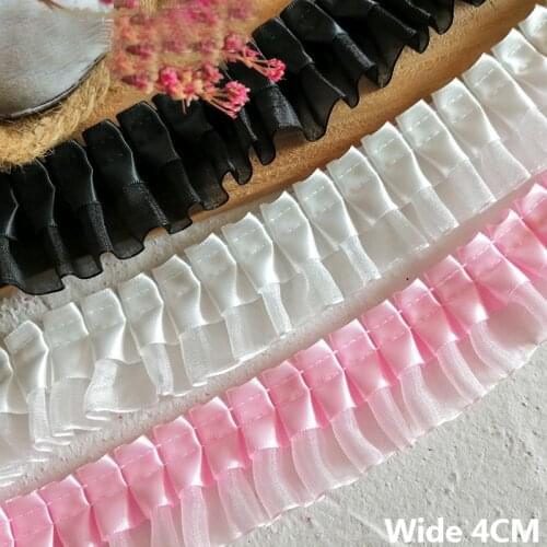 4CM Wide Double Layers Tulle Organza Chiffon 3d Pleated Fabirc Lace Appliques Embroidered Dress Collar Trim Sewing Fringe Decor