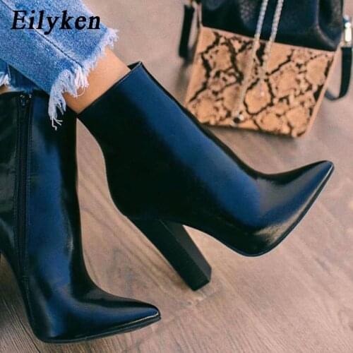 Eilyken 2021 New Winter Women Ankle Boots Fashion Pointed Toe Zip Square High Heels PU Leather Female Boot Black Party Shoes