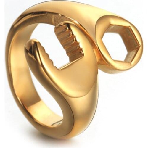 Smooth Gold Tone Casting Wrench Wrap 316L Stainless Steel Mens Boys Ring