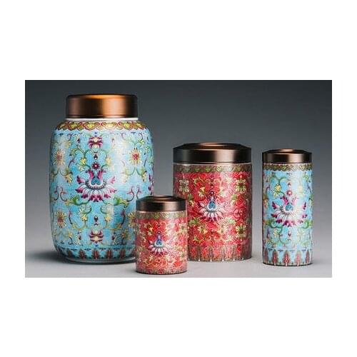 Enamel painted ceramic tea pot metal cover seal tank storage barrel size travel tea set packing