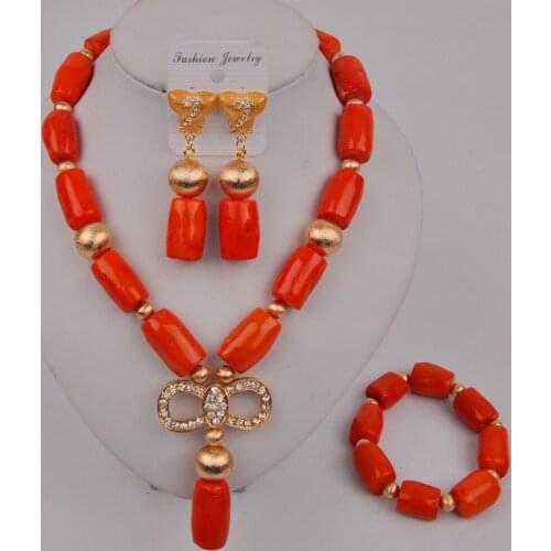 Classic African Ladies Wedding Dress Accessories Orange Natural Coral Bead Necklace Nigeria Wedding Wedding Jewelry Set AU-202