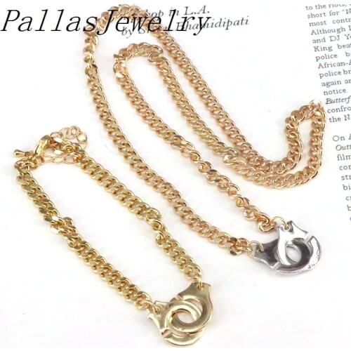 3Sets, New Trendy Handcuffs Bracelet necklace gold silver color link chain Couple Lock charm jewelry necklace For Women Men gift