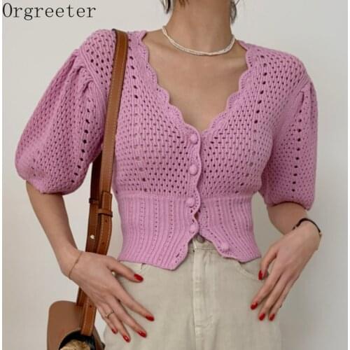 Korea Chic Sweet Puff sleeve Crochet Hollow Out Knitted Cropped Tops Summer Graceful V-neck Single-breasted Slim Womens Sweater