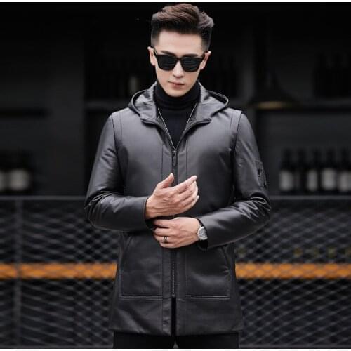 Genuine Leather Jacket Men Winter Warm Jackets Mens Hooded Real Sheepskin Coat Duck Down Coats Jaqueta Couro 89910 YY368