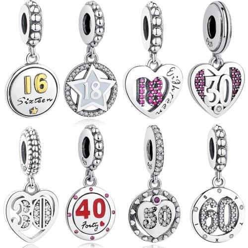 New Years Gift 925 Sterling Silver Beads Birthday Figure Number 18 Year Old Love Heart Charms Fit Original Bracelet DIY Jewelry