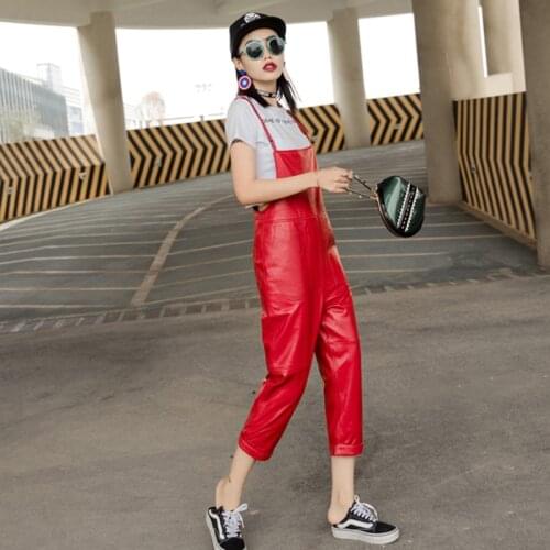 Solid Black Red Real Leather Jumpsuit For Women Plus Size Ankle-Length Casual Overalls Female Fashion Sheepskin Jumpsuits Ladies