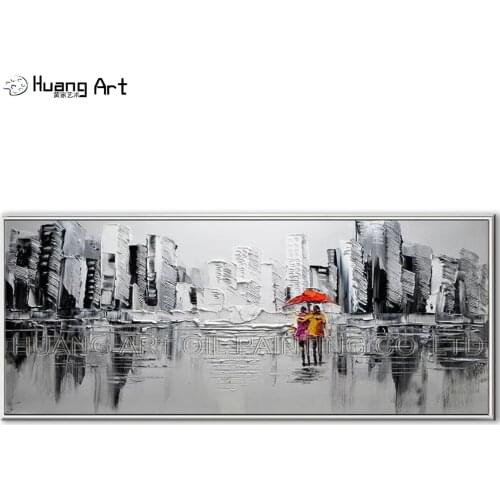 Skilled Artist Hand-painted Textured Knife Landscape Oil Painting Black and White Colors Thick Oil Knife Rain Scenery Painting