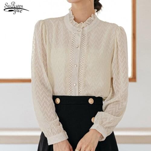 Autumn Long-sleeved Solid Hollow Women Blouses Stand-up Collar Lace Bottoming Shirts Lace Casual Fashion Blouse Woman Tops 16336