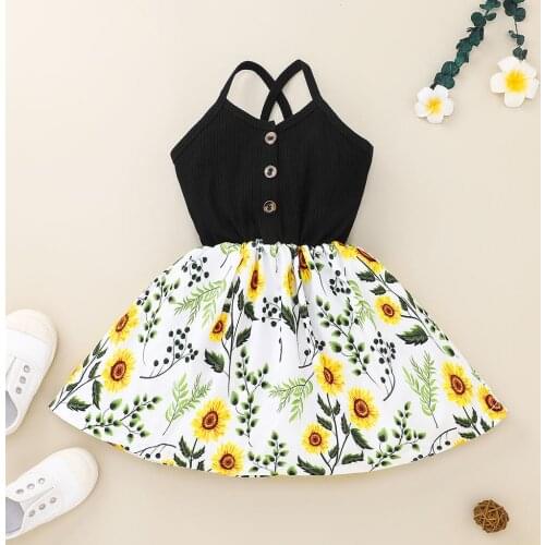 Pudcoco Kids Summer Slip Dress, Ribbed Stitching Floral Spaghetti Strap Sleeveless Buttons Braces Sundress Baby Girls Clothes