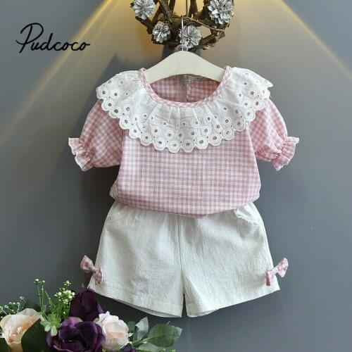 Pudcoco New Fashion Toddler Kid Baby Girl set clothes Floral ruffles O-Neck Pliad Blouse+Short Pants 2Pcs set clothes 2-7 Years