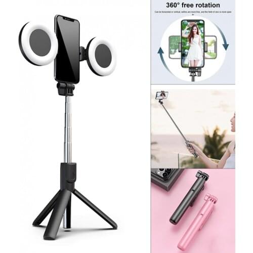 J861 Wireless Selfie Stick Tripod Double Lamp Dimmable Selfie Ring Fill Light Fill Lamp Foldable Fit for Smartphones
