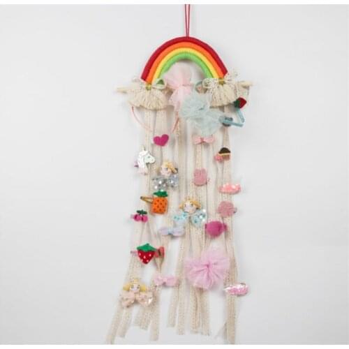 Nordic Woven Rainbow Tassels Girls Hairpin Hair Clips Storage Belt Wall Hanging Hair Accessories Organizer Holder Strip Pendant