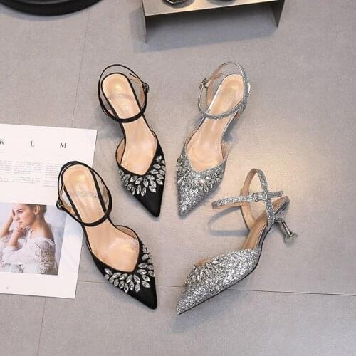 Summer fashion sequined silk face pointed mid-heel stiletto crystal womens singles banquet dress large size bridal wedding shoe