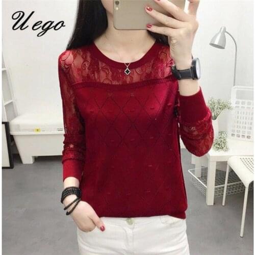 Uego Korea Style Thin Soft Lace Sexy Knitted Sweater 2021 Women Autumn Pullover Sweater Basic Shirt Top Spring Casual Sweater
