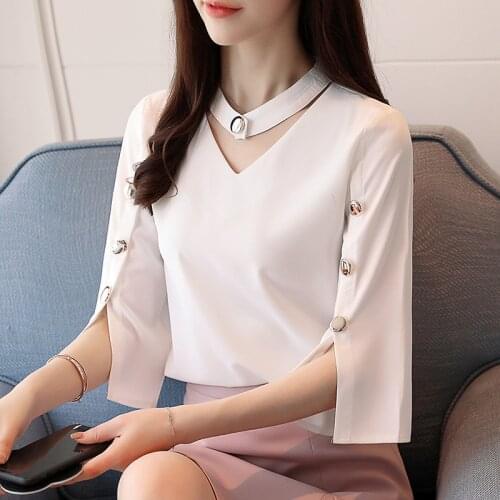 Women Blouse 2021 Ladies Tops Chiffon Blouse Beading Solid White Shirt Blouse Clothes Shirts Three Quarter V-Neck Chemise Femme